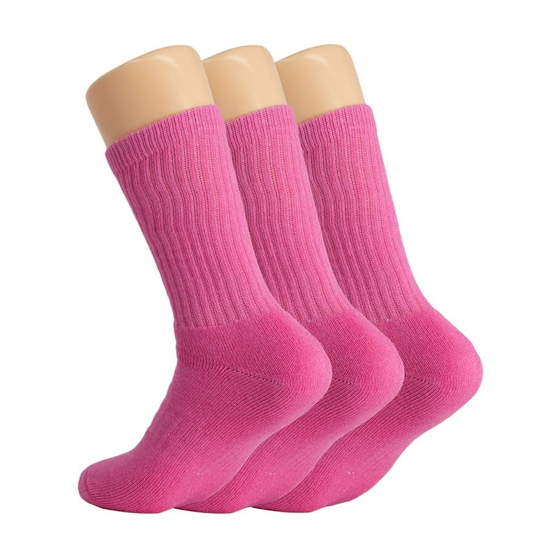 Cotton Crew Socks for Women Hot Pink 3 Pairs Size 10-13