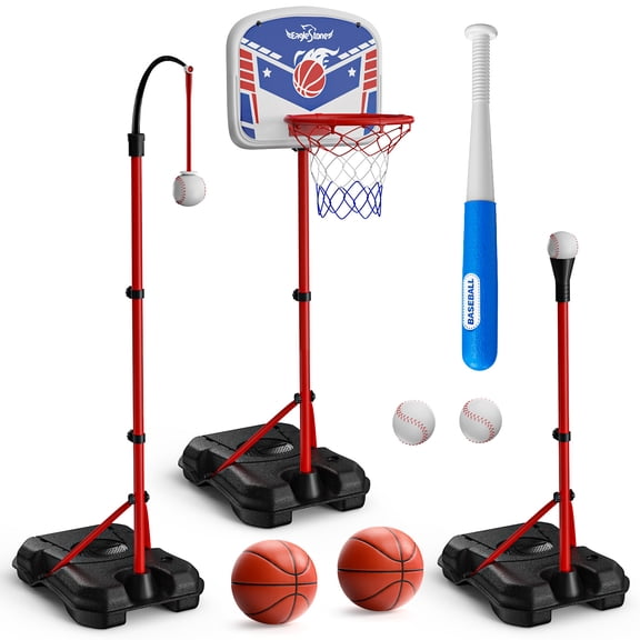 Lenbar 3-in-1 Kids Basketball Hoop and T-Ball Set, Adjustable Height, Hanging Tee Baseball Trainer Weighted Base, Outdoor Sports Toy Gift Ages 3 to 12