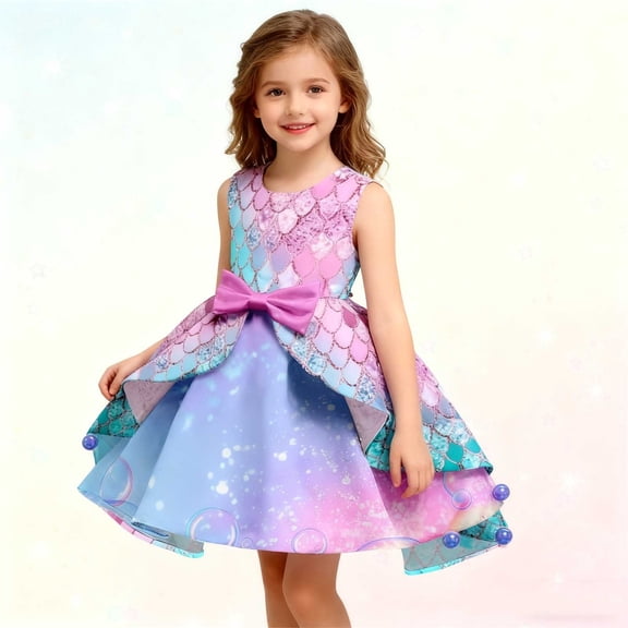 Wangmeiwg Christmas Dress For Girls, And Shine Gradual Color Sequin Scale Print Girls Formal Gown With Bow And Elegant Detachable Train For Everyday Occasions Holiday Dress 6-7 Years Multicolor