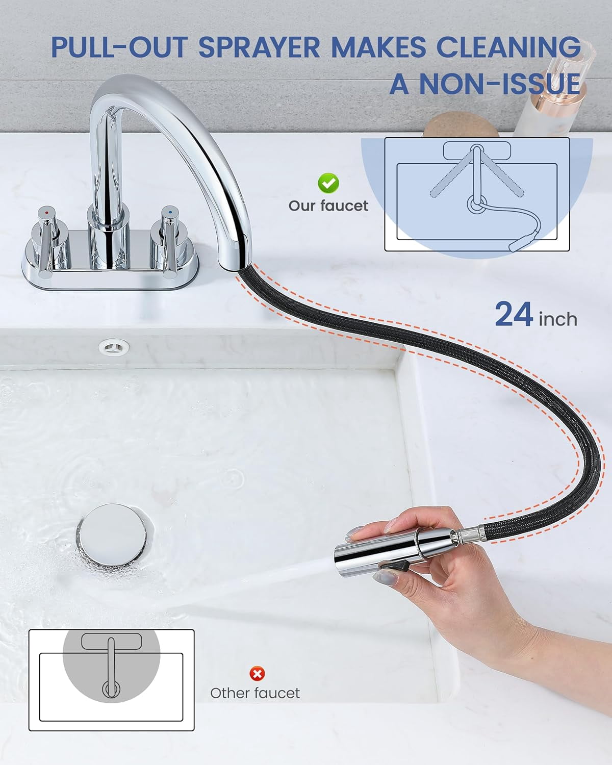 Bathroom Faucet with Pull Out Sprayer, Chrome Bathroom Faucet 3 Holes, 2 Handle Bathroom Sink Faucet with 360 Degree Swivel Spout, Pop Up Drain Assembly Included