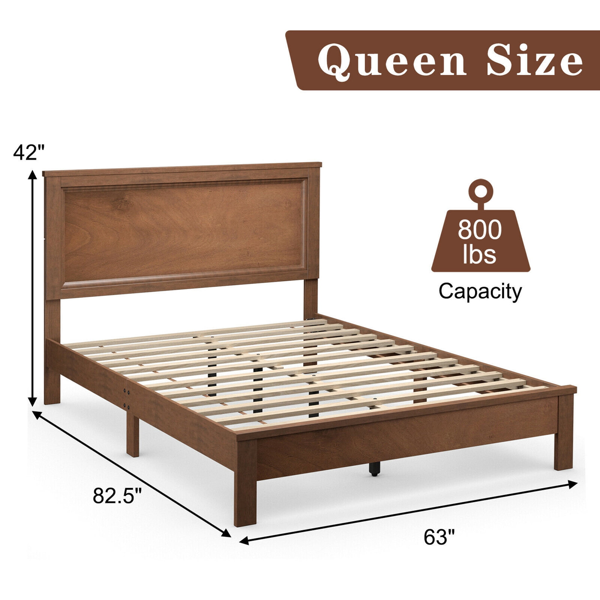Gymax Walnut Queen Size Bed Frame Platform Slat High Headboard Bedroom Rubber Wood Leg