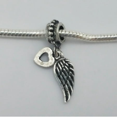 - 3 Beads- Heart Angel Wing Dangle Silver European Bead Charm E1542