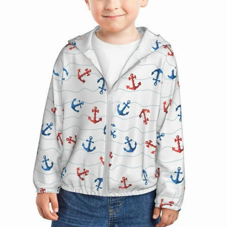 

Sun Hoodie for Kids anchors cute wave white Long Sleeve Swim Fishing Shirts Sun Protection Zip Up Jacket Clothing Athletic Hoodie
