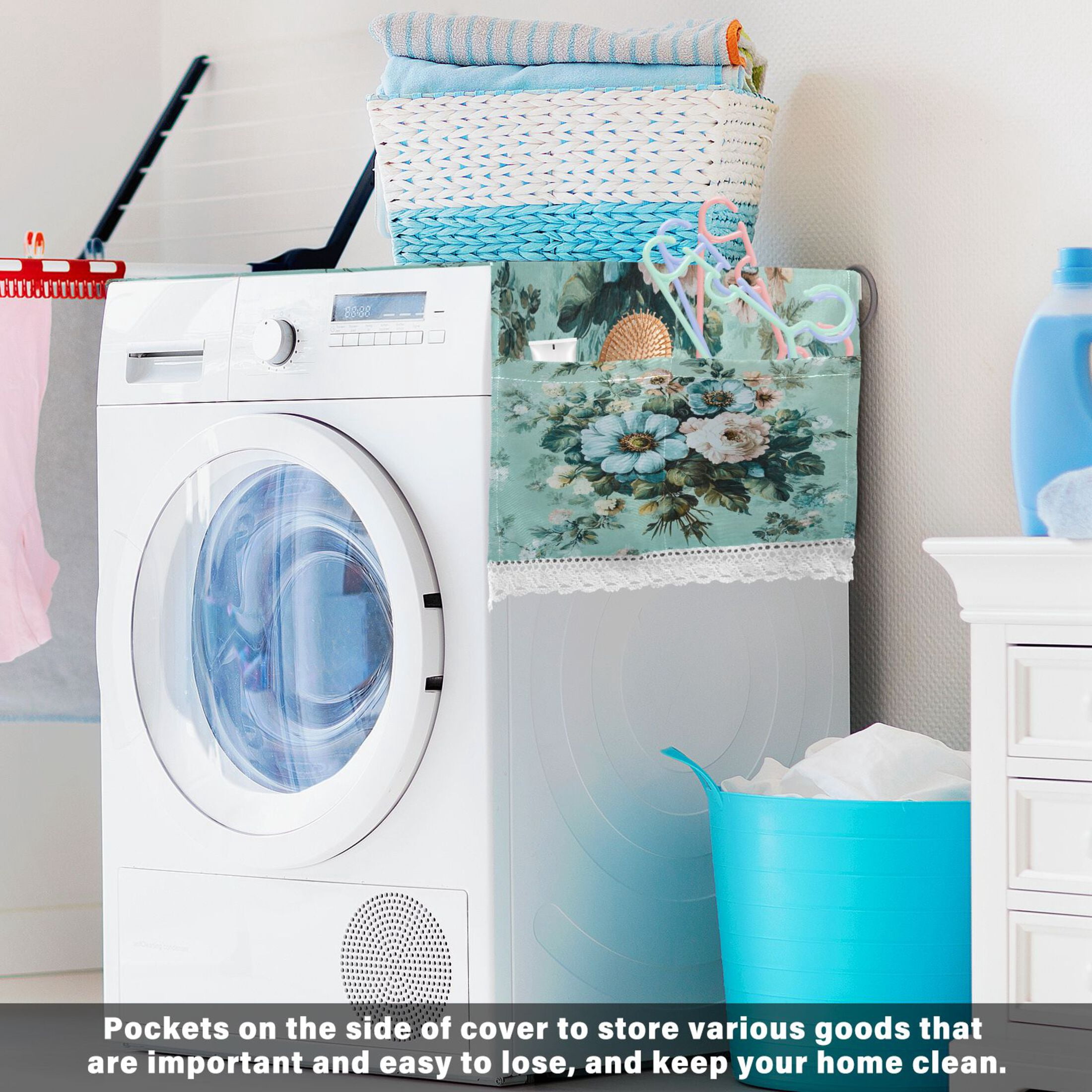 Washing Machine Cover 51.2x22in, Durable Polyester Dust Cover with Lace Trim and Side Pocket for Appliances Shabby Chic Bouquet