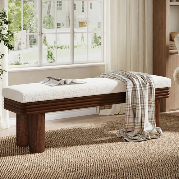 Tribesigns Upholstered Entryway Bench, 55-Inch Modern Shoe Bench with Faux Shearling Padded Seat for Bedroom, Entrance, Living Room, White & Dark Walnut