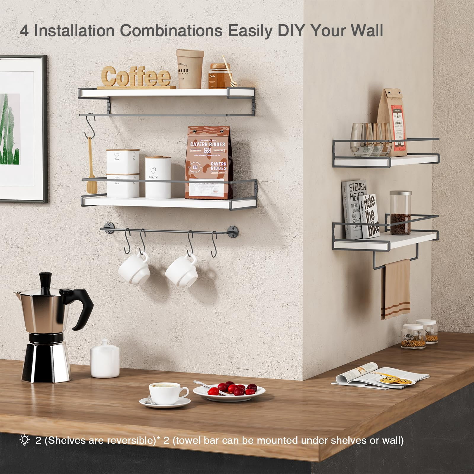 White Floating Shelves for Bathroom Organizer Over Toilet, Bathroom Shelves Wall Mounted with Towel Rack, Corner Wall Shelf for  Decor Kitchen Storage (White-Dark Grey, Set of 2)
