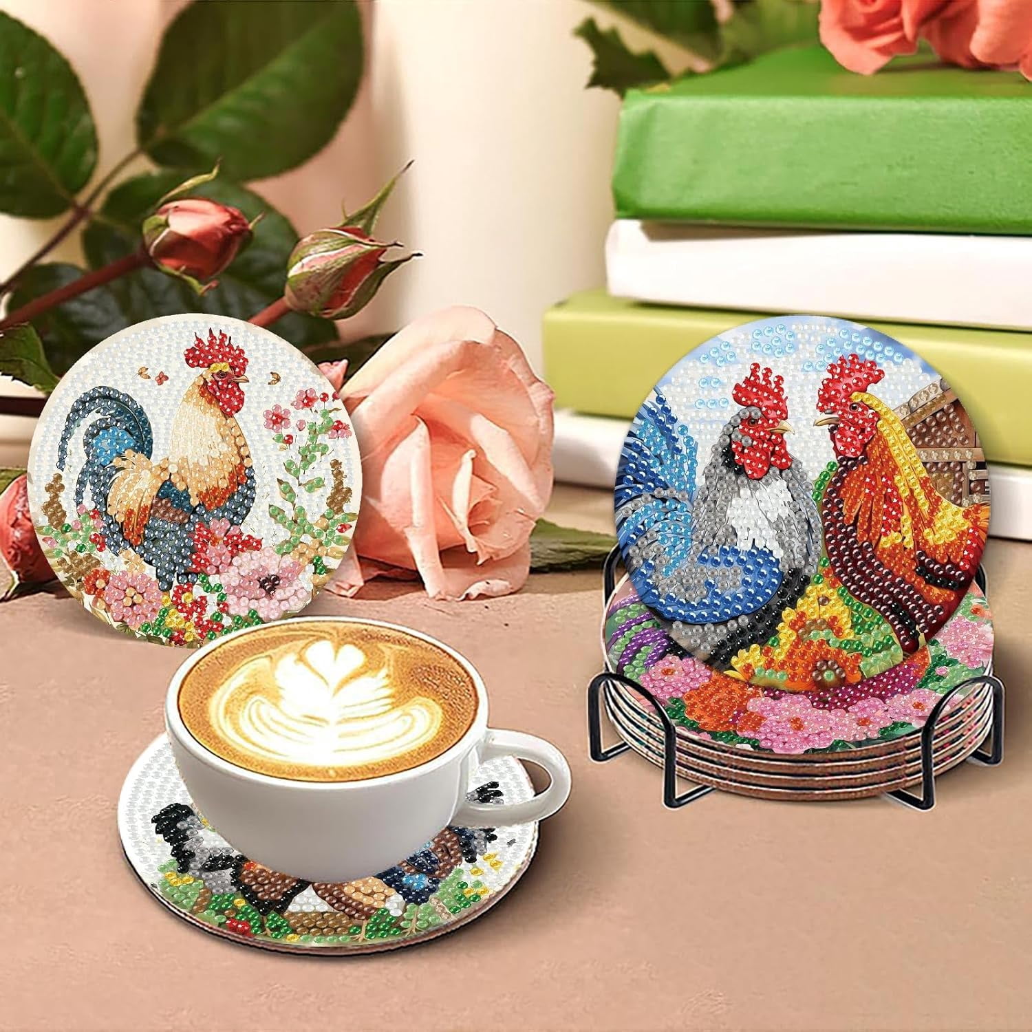 8 Pcs Animals Diamond Art Coasters Kits with Holder, Chicken Diamond Painting Coasters Kits for Adults, DIY 5D Diamond Dots Small Mini Kit Full Drill Art Craft Supplies 4X4 Inch