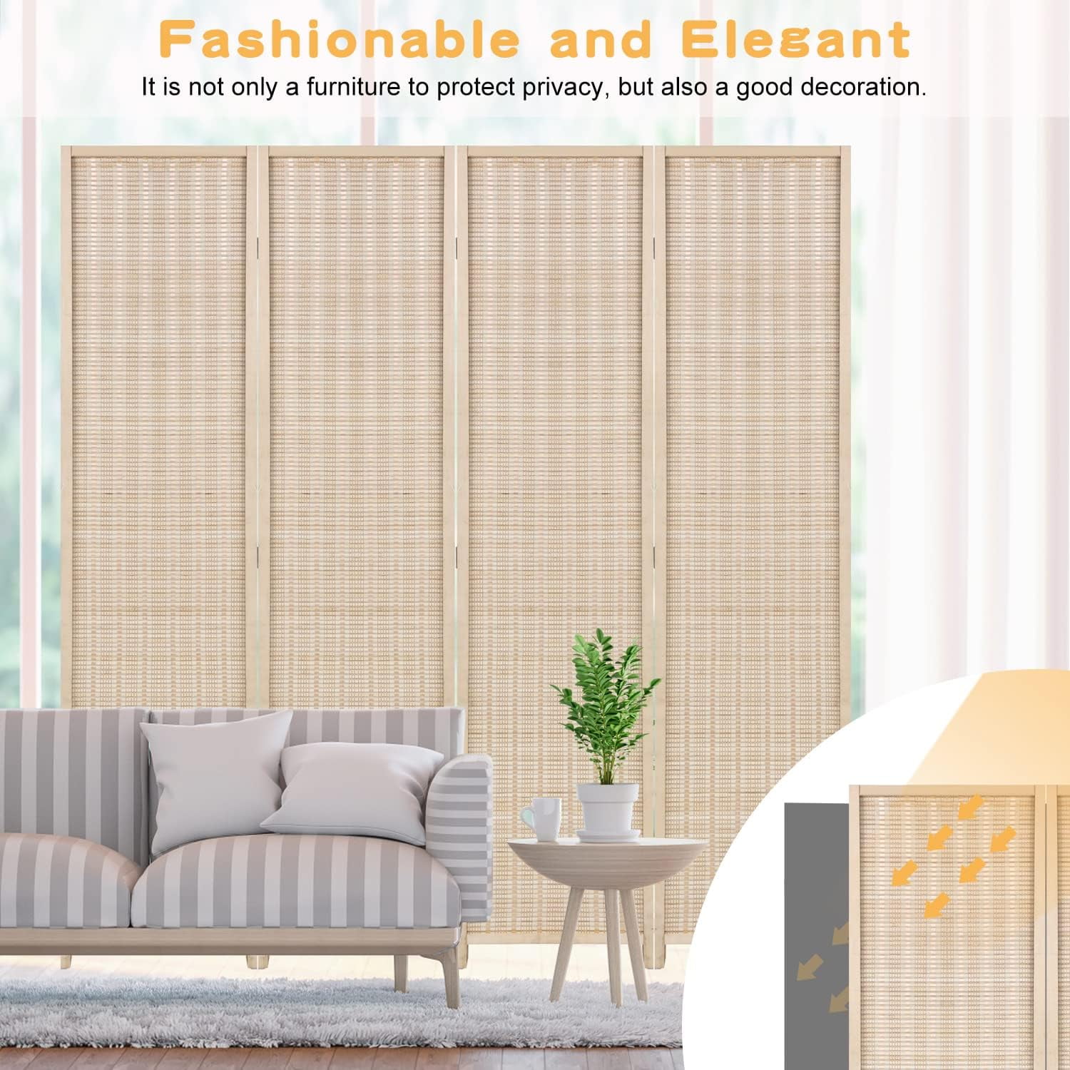 Room Dividers Folding Screen Partitions 4 Panel Privacy Screen, Partition Wall Tall Room Divider for Bedroom Study Portable Room Seperating Divider Home Furniture, Natural