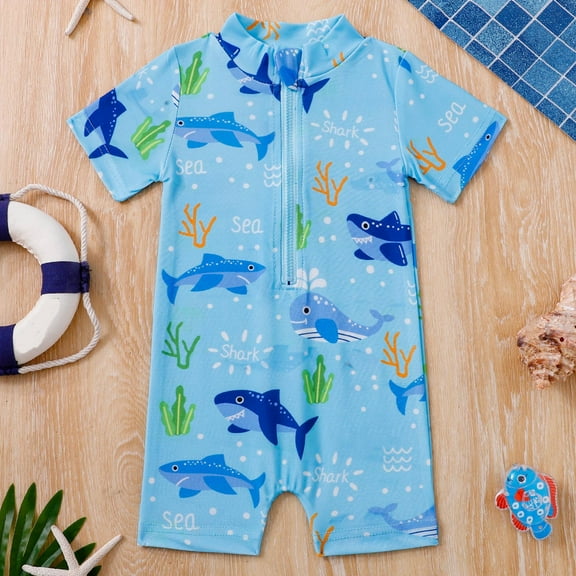 IFNND Toddler Baby Boy Whale Print Bathing Suit Half Zip Up One Piece Romper Short Sleeve Summer Rashguard Swimsuit