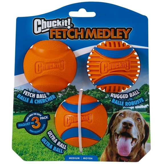 Chuckit! Fetch Medley Rubber Balls Dog Toy, Medium (2.5") for Dogs 20-60 lb, Pack of 3, Assorted