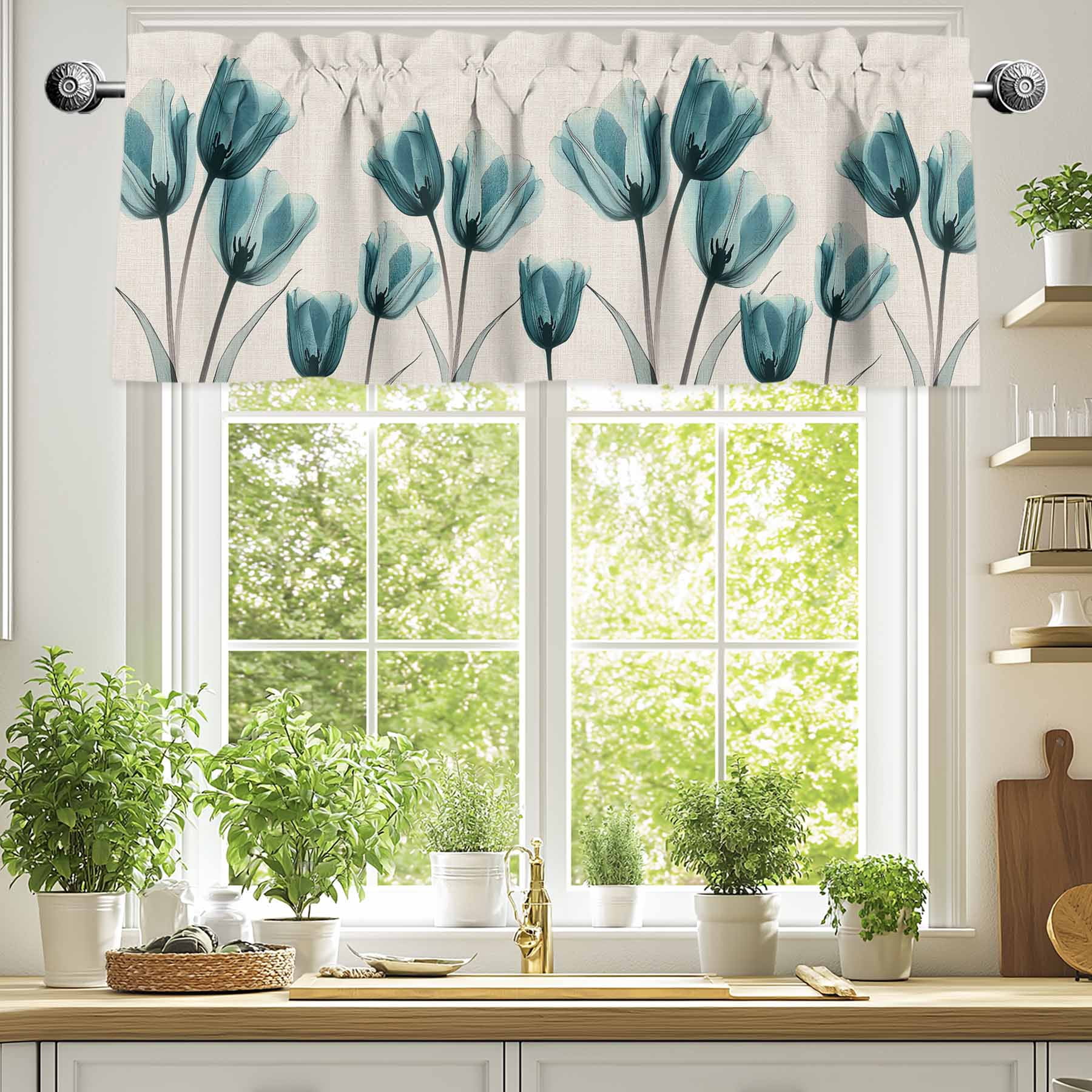 Teal Tulip Valances for Windows, 54 x 18in, Minimalist Modern Flower Art Linen Background Rod Pocket Kitchen Valance Curtain Light Filtering Window Treatments for Living Room Bedroom, 1 Panel
