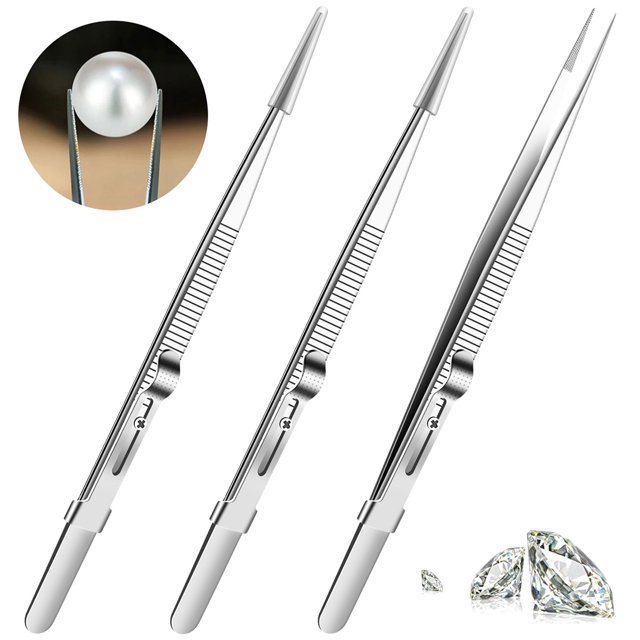 Muyoka Pinzas de joyería de 3 piezas con bloqueo de cinturón antideslizante y pinzas de gemas de ranura Pinzas de piedras de diamante de acero inoxidable Herramientas precisas para hacer joyas para cl Muyoka Hogar