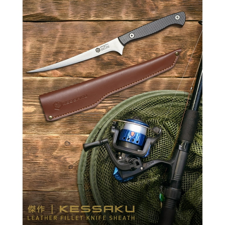 Kessaku Full Grain Leather Knife Sheath with Belt Loop - Heavy Duty Protection for 6-8 inch Fillet & Boning Knives - Suede Interior for Knife