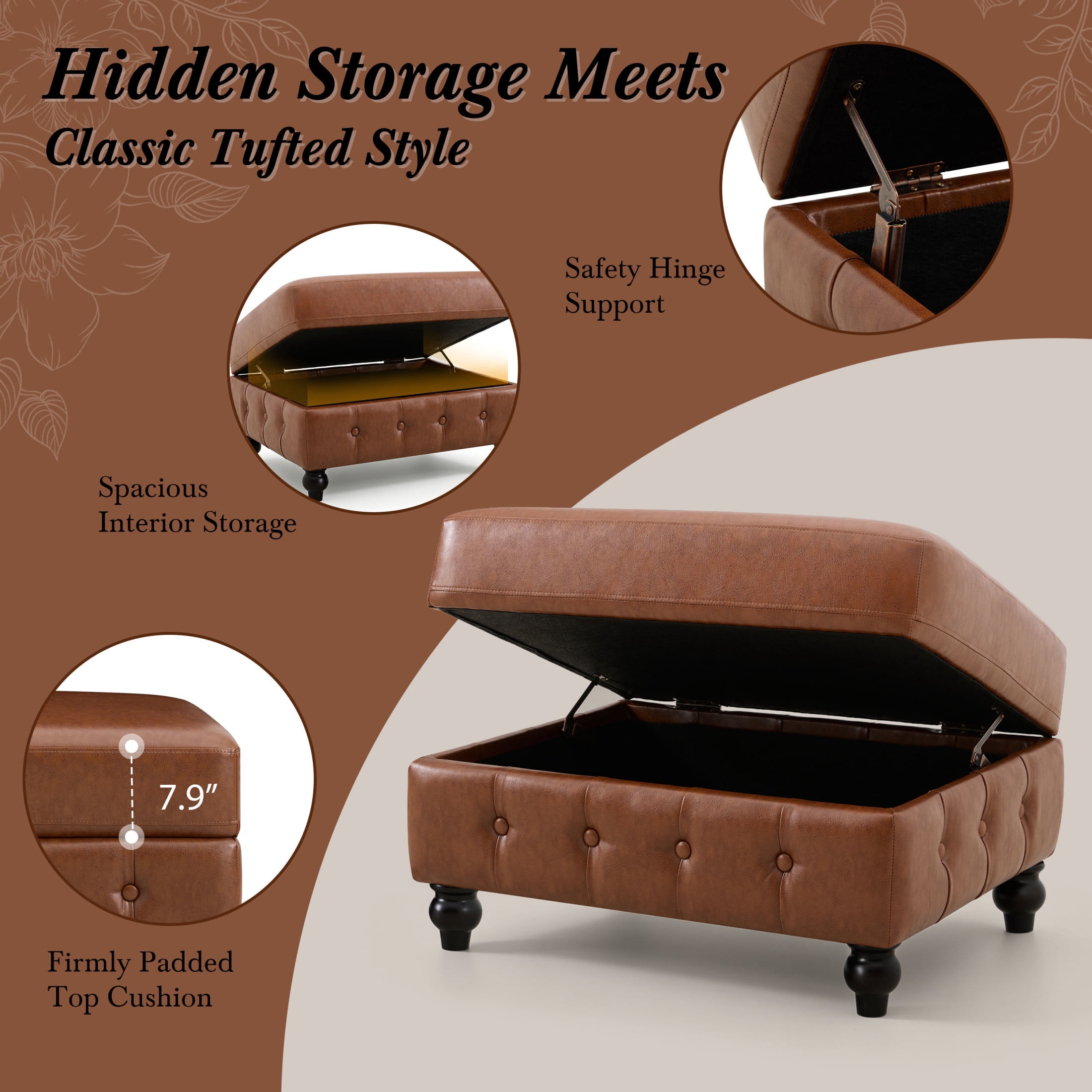 Christopher Knight Home Chesterfield L-Shaped Sofa with Storage Ottoman, Tufted PU Leather, Brown