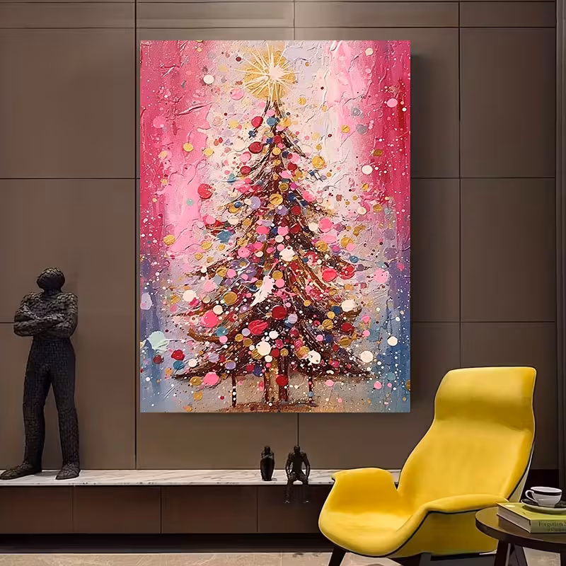 Christmas Tree Pattern Colorful Paint Splatter Artwork, Festive Wall Art Poster, Unframed