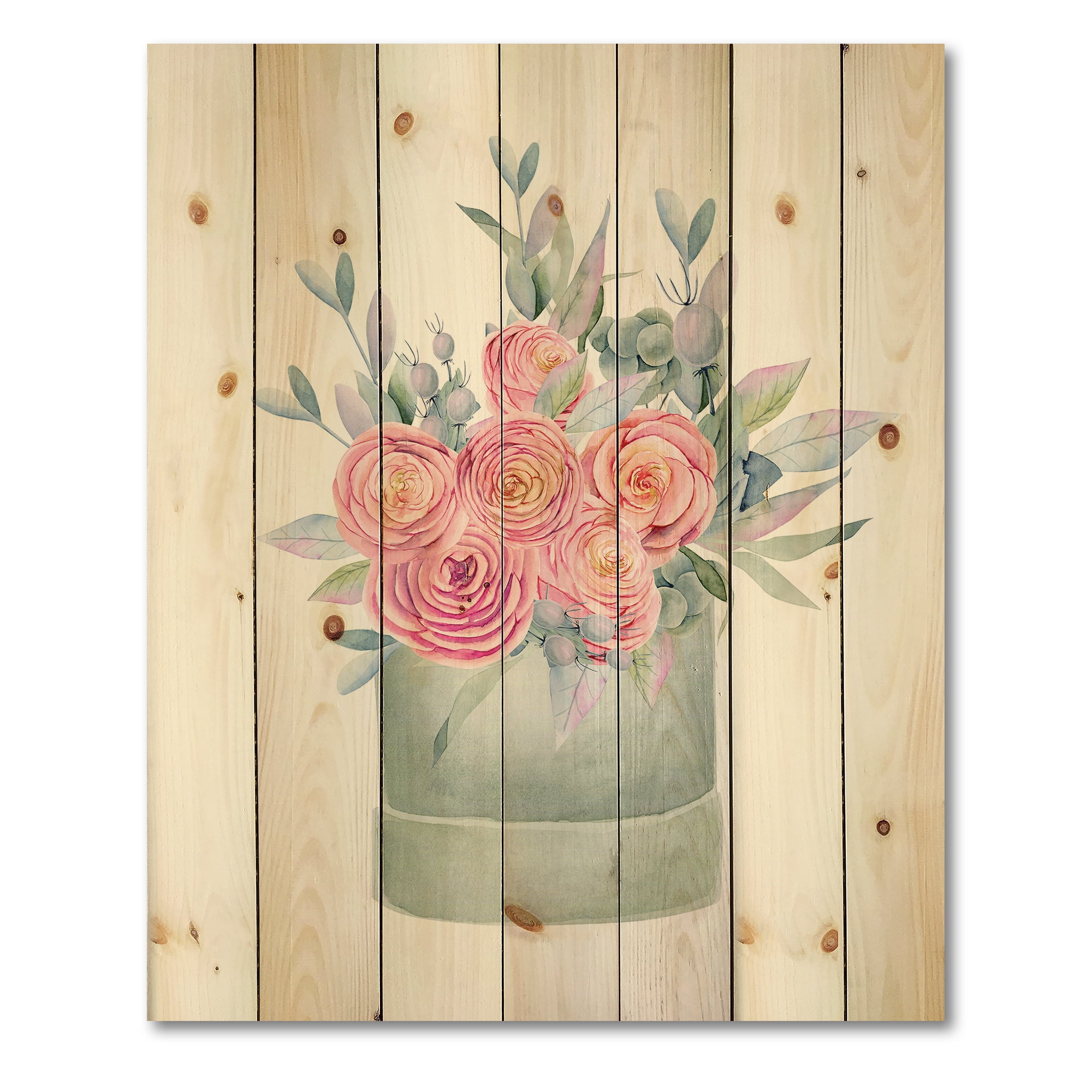 Designart 'Pink Roses With Gift Box' Farmhouse Print on Natural Pine Wood