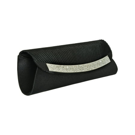 Satin Black Clutch Sparkly Clear Rhinestone Detail Chain Black Evening Baguette