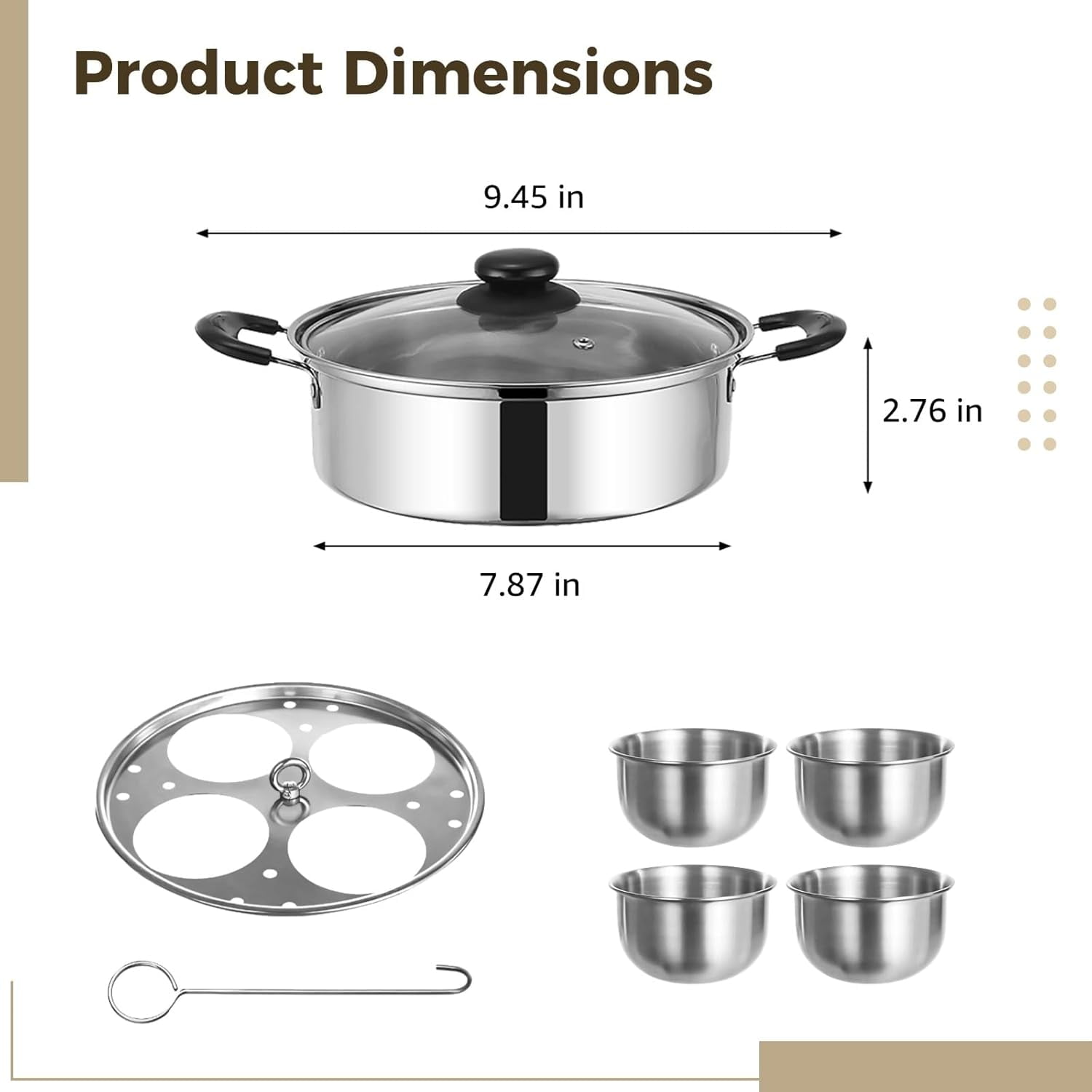 FANGNISN Egg Poacher Pan, Stainless Steel Poached Egg Maker Pan with 4 Cups Poached Egg Cooker Nonstick for Kitchen (Without Coating)