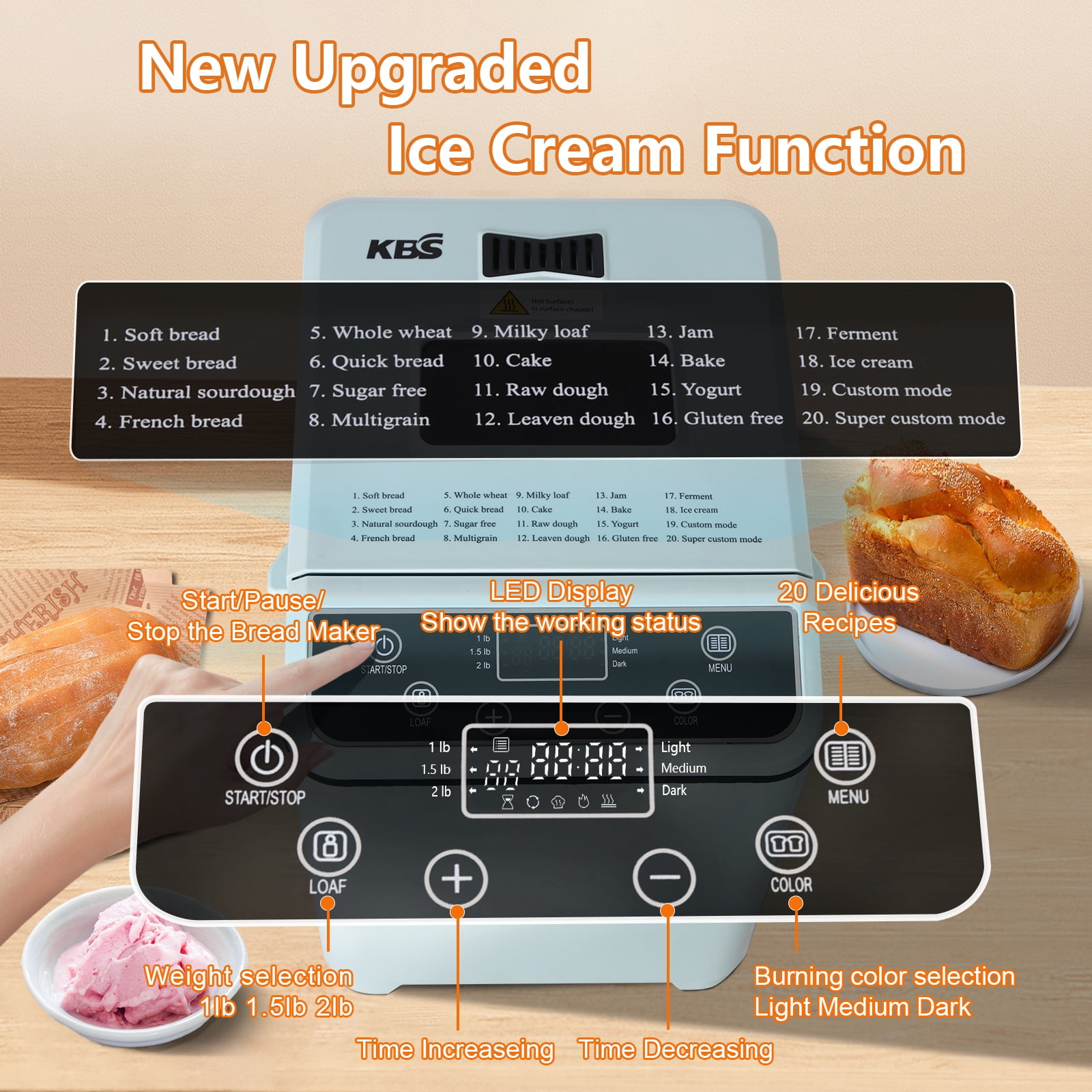 KBS  Bread Maker Machine with Ice cream program,20-in-1 2LB Fully automatic bread machine，DIY setting,15 Hour delay timer,Green Model#070 Ice cream version