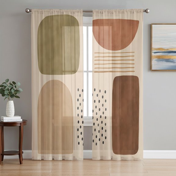 Boho Abstract Sheer Curtains 63 Inch Length 2 Panels Set, Vintage Color Block Stripes Dots Modern Voile Window Treatment Rod Pocket Curtains Sheers Drapes for Bedroom/Living Room/Kitchen 52x"63"x2