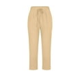 thumbnail image 5 of Bloomae Women's Petite Linen Capris Capri Pants with Pockets Lightweight Trendy Solid Color Casual Drawstring Elastic High Waist Straight Leg Cropped Trousers Khaki S, 5 of 5