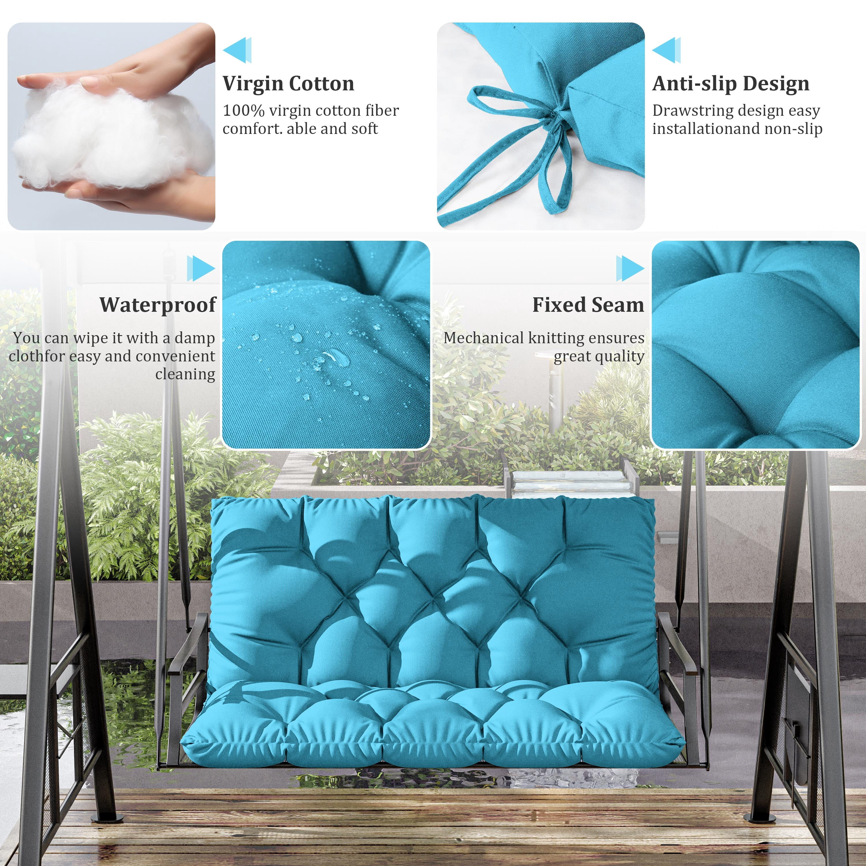 Kimunuk Outdoor Porch Swing Cushion, 40" X 40" X 5" Waterproof Bench Chair Replacement Cushion with 6 Ties for Patio, Lake Blue