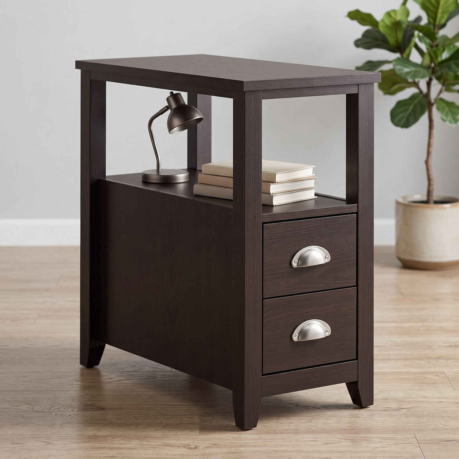 Furnibear Narrow Nightstand with 2 Drawers and Open Shelf Wooden Bedside End Table for Bedroom and Living Room, Dark Brown