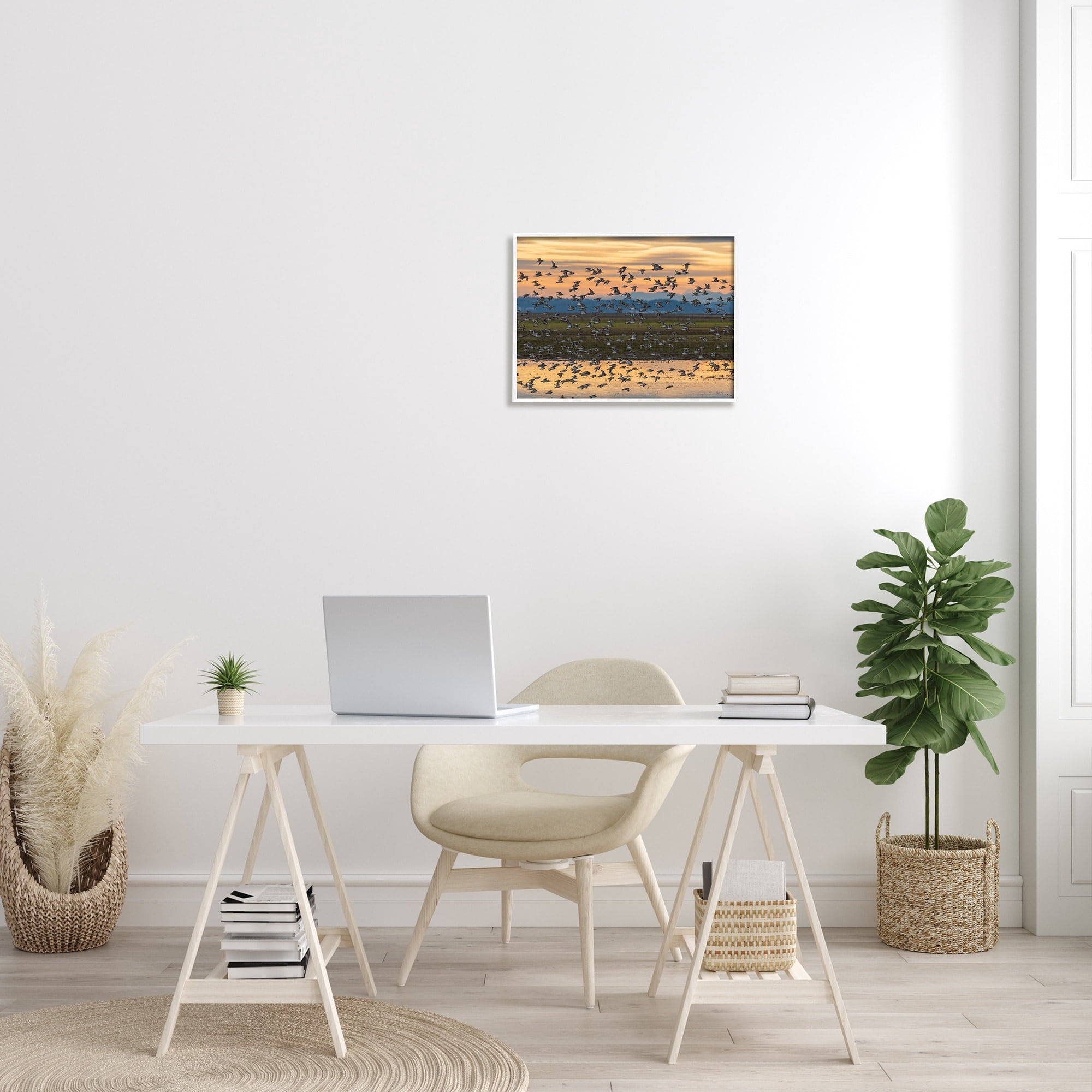 Stupell Industries Flock of Birds Flying Lake Reflection Orange Sunset Painting White Framed Art Print Wall Art, Design by Nancy Crowell