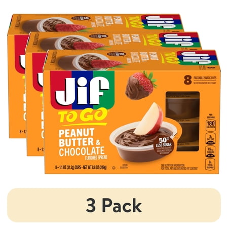 (3 pack) Jif To Go Peanut Butter & Chocolate Flavored Spread, 8 Single-Serve Cups, 1.1 Oz. Each