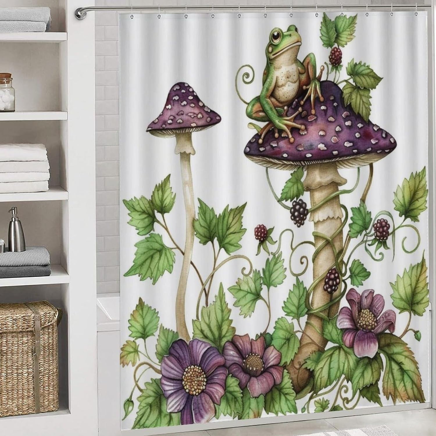 4Pcs Garden Mushroom Frog Shower Curtain Sets Bathroom Decor, Novelty Plant Floral Shower Curtain with Non Slip Rug, Toilet Lid Cover, Bath Mat and 12 Hooks 72W x 72L