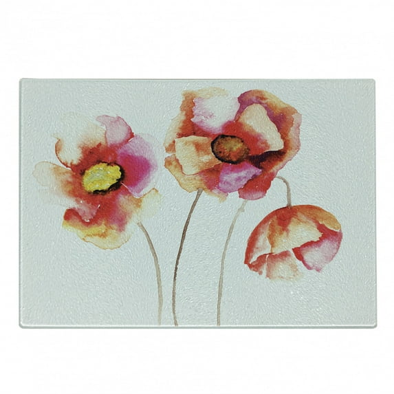 Poppy Flower Cutting Board, Watercolors Vibrant Poppies Graphic Peace and Death Sedative Plant Print, Decorative Tempered Glass Cutting and Serving Board, Small Size, Red White, by Ambesonne