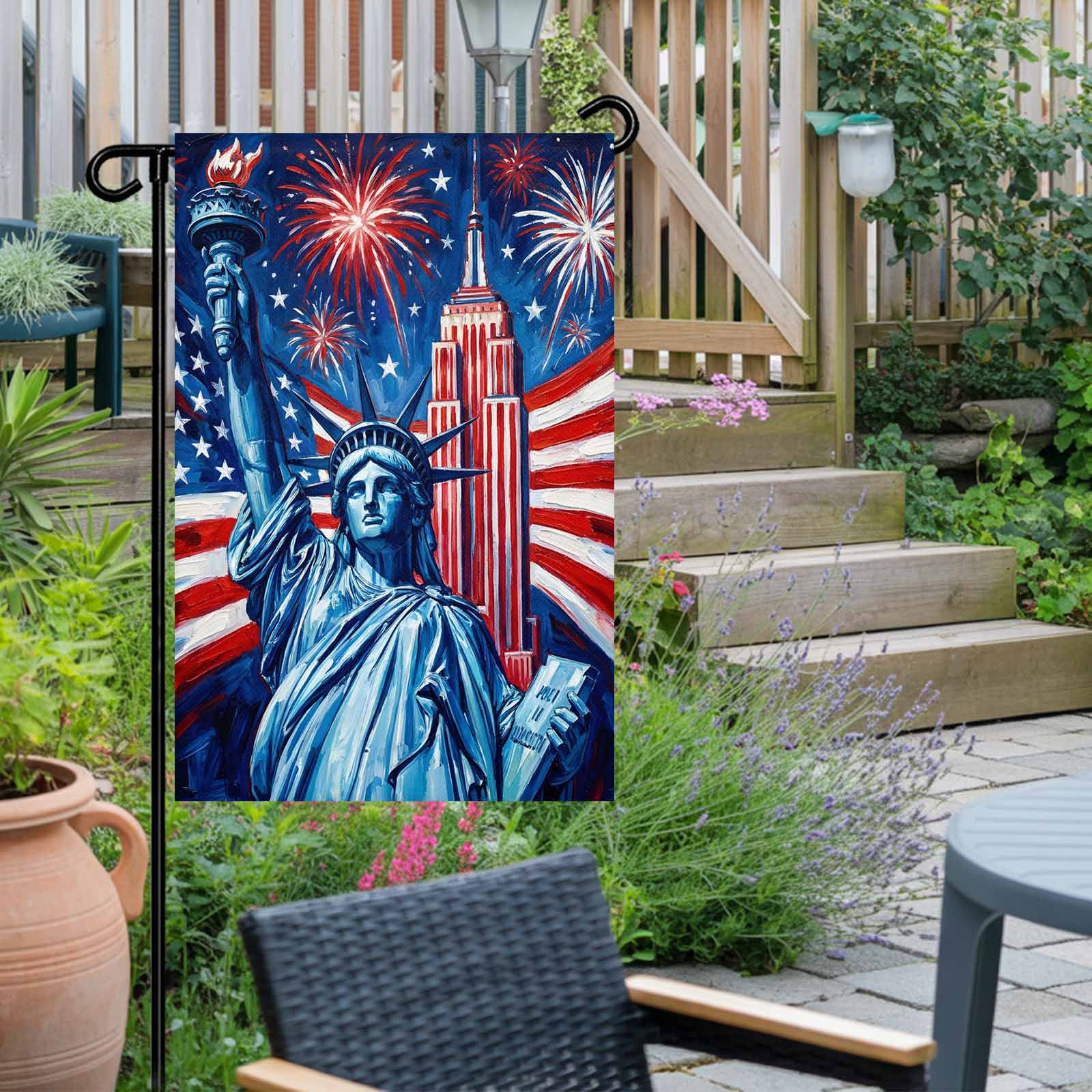 4th of July Garden Flags Statue of Liberty Garden Flag Double Sided Welcome Flag USA Flag Fireworks Cityscape Independence Day Yard Flags for Outdoor Lawn Porch Memorial Day Holiday Decor 28x40 Inch