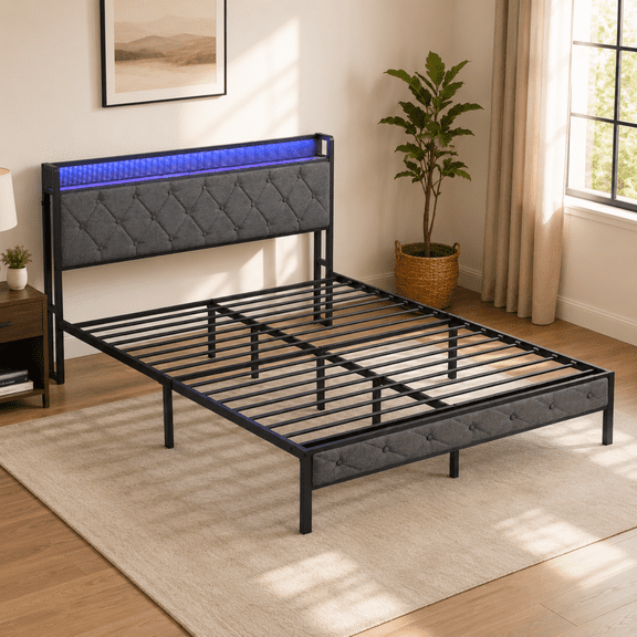 Miniyam Full Upholstered Platform Bed Frame with LED Headboard & Charging Station, Gray