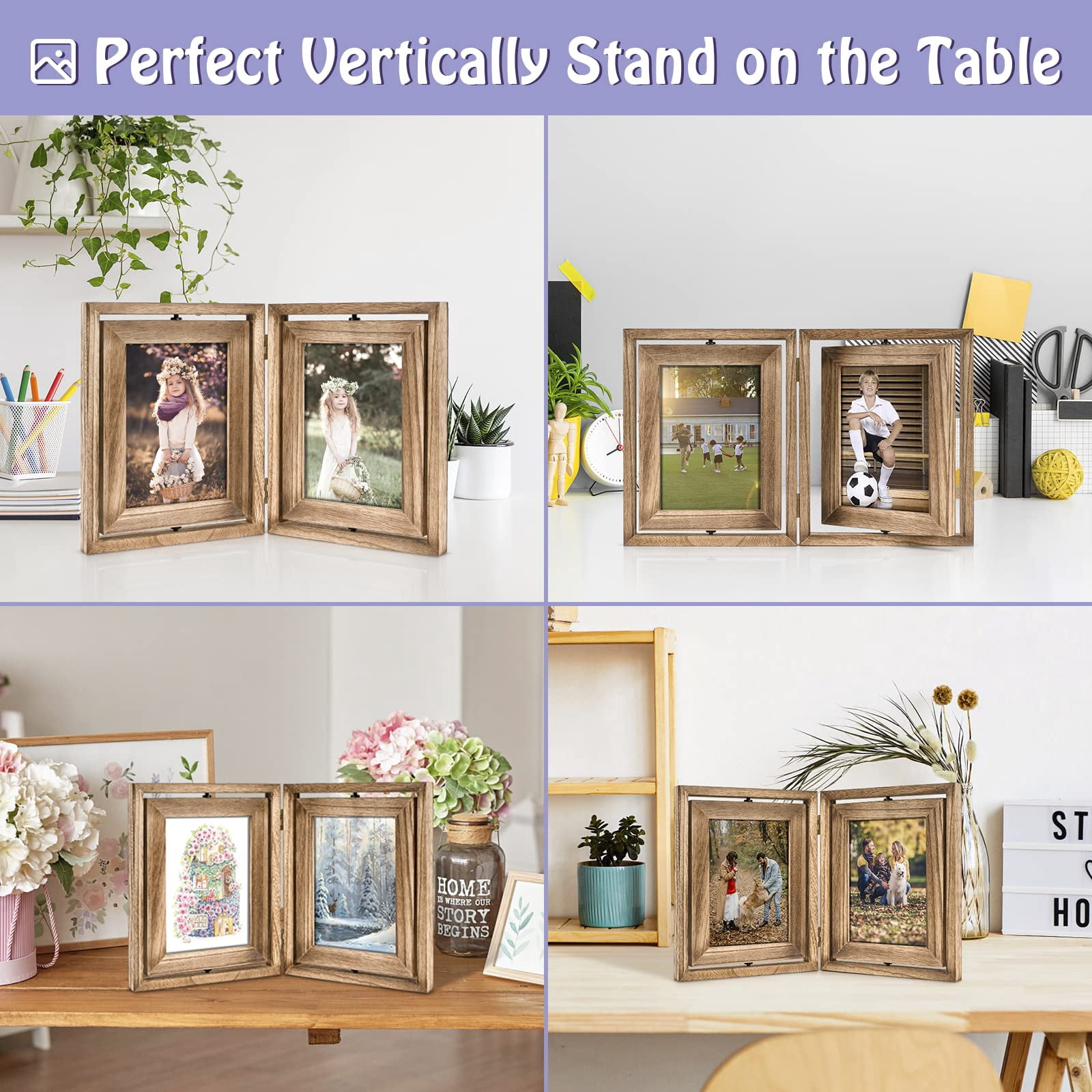 5x7 Picture Frame, Tabletop Wood Double Sided Display Folding Photo Frame, Rotatable High Definition Glass Collage Picture Frames, Rustic Brown