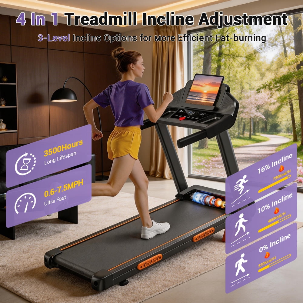 LEZEE 4-in-1 16% Incline Folding Treadmill for Home, 3.0HP Quiet Motor with 7-Layer Shock Absorption, 330 lbs Capacity, 3 LED Displays with Handrails