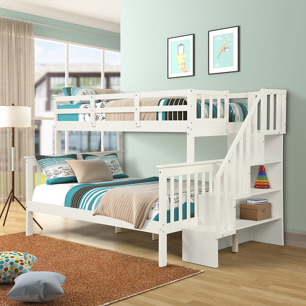 Topcobe Pine Wood Bunk Bed with Storage, Twin-over-full, White ...