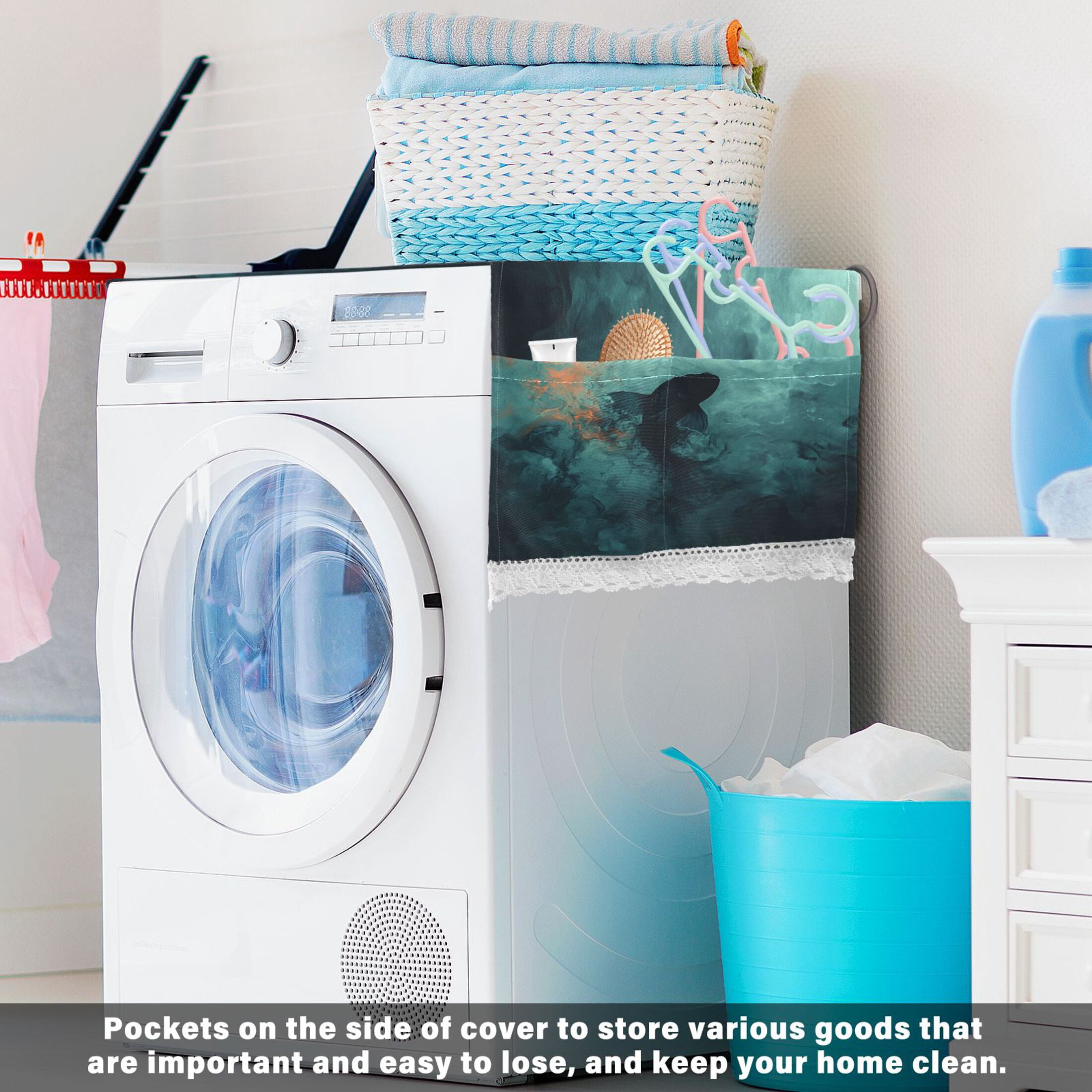 Fish Of The DeepWasher and Dryer Covers Dust-Proof and Oil Resistant Fridge Cover with 4 Storage Pockets Washing Machine Top Cover for Laundry Kitchen Home 51.2 x 22 In
