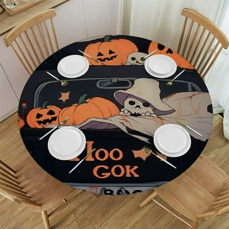 

Patifu Pumpkins Ghost Round Tablecloth 100% Polyester Stain-Resistant for Indoor Outdoor Restaurants Weddings Parties Table Cover Halloween Waterproof 46 -50