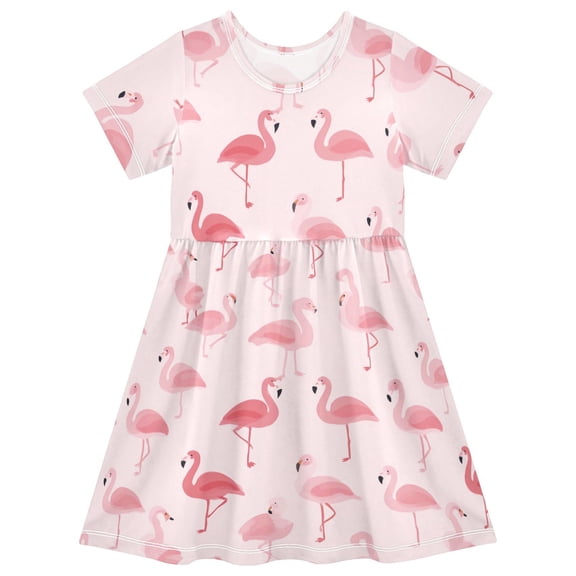 Pink Flamingo Short Sleeve Dress A-Line Cute Midi Casual Sundress 2-8 Years