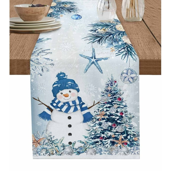 Blue Coastal Christmas Table Runner 72 Inches, Xmas Tree Nautical Starfish Bed Runner Dresser Scarves Tabletop for Indoor Outdoor Parties/Ceremony/Banquet, 14" x 72"
