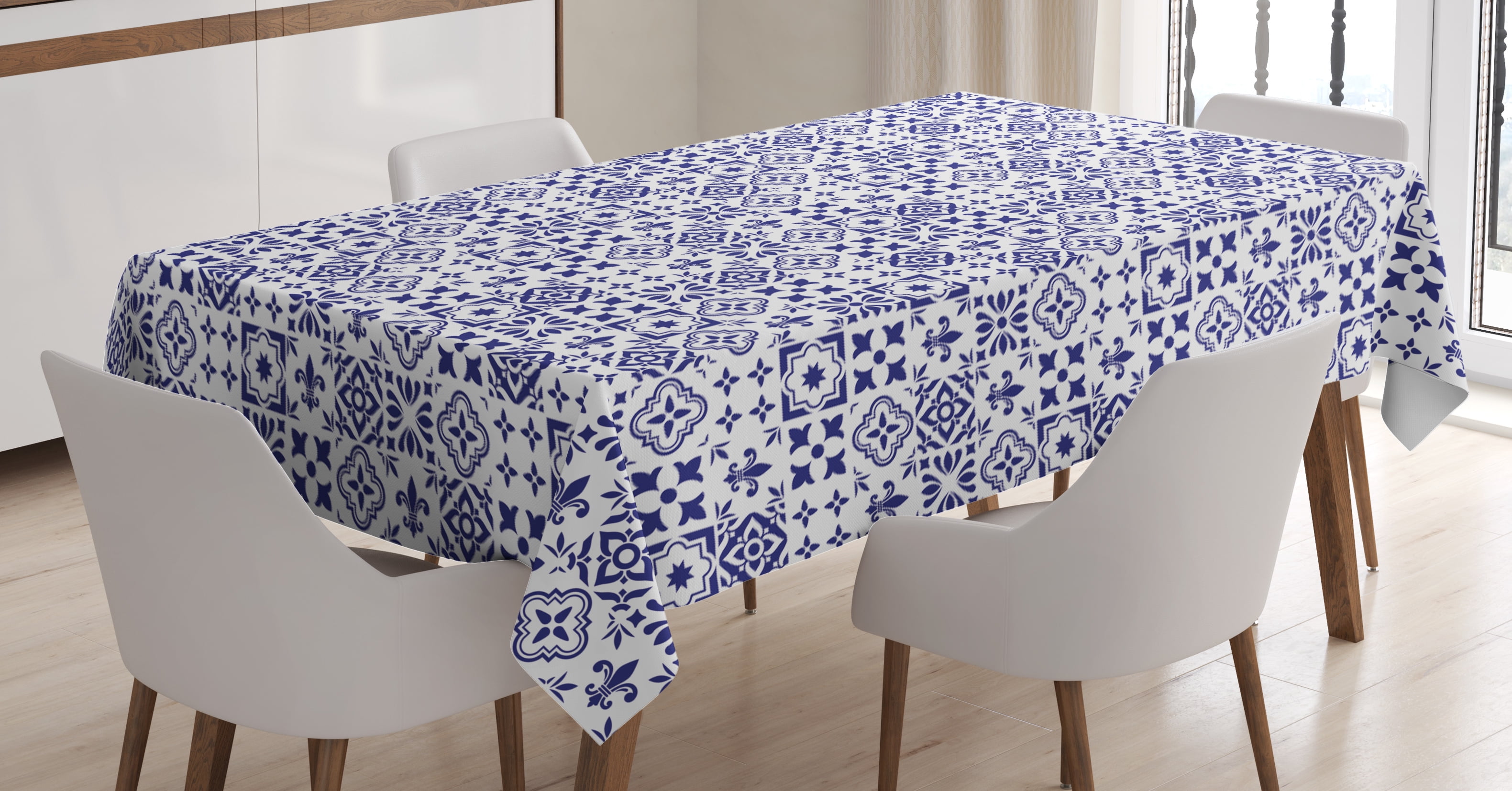 Navy Blue Tablecloth, Geometric Pattern Portuguese Azulejo Design Tile