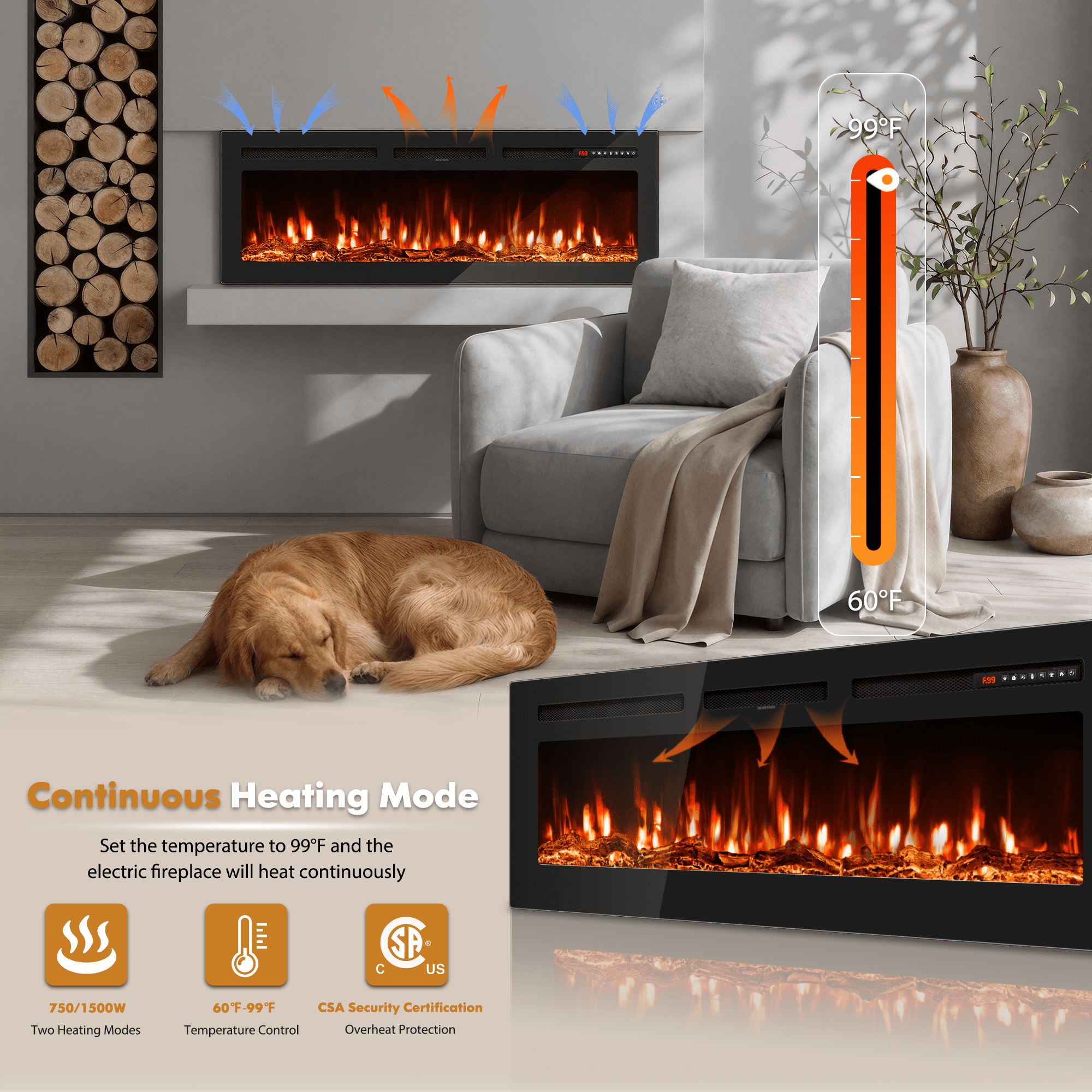 UrbanSync 60" Electric Fireplace WiFi, Freestanding/Inserts/Wall Mounted Fireplace Heater with Alexa, App/Voice Control, 12 Flame Colors, Timer, Log and Crystal