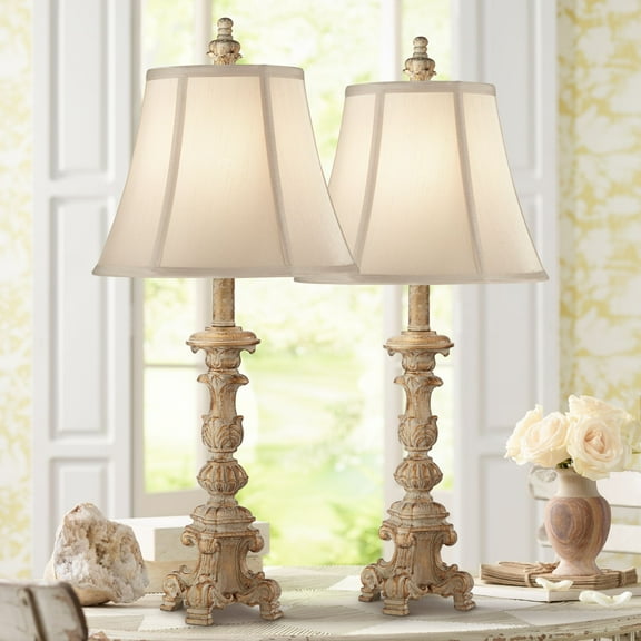Regency Hill Elize Traditional Table Lamps 26 1/2" High Set of 2 Whitewashed Candlestick Beige Bell Shade for Bedroom Living Room Nightstand Office