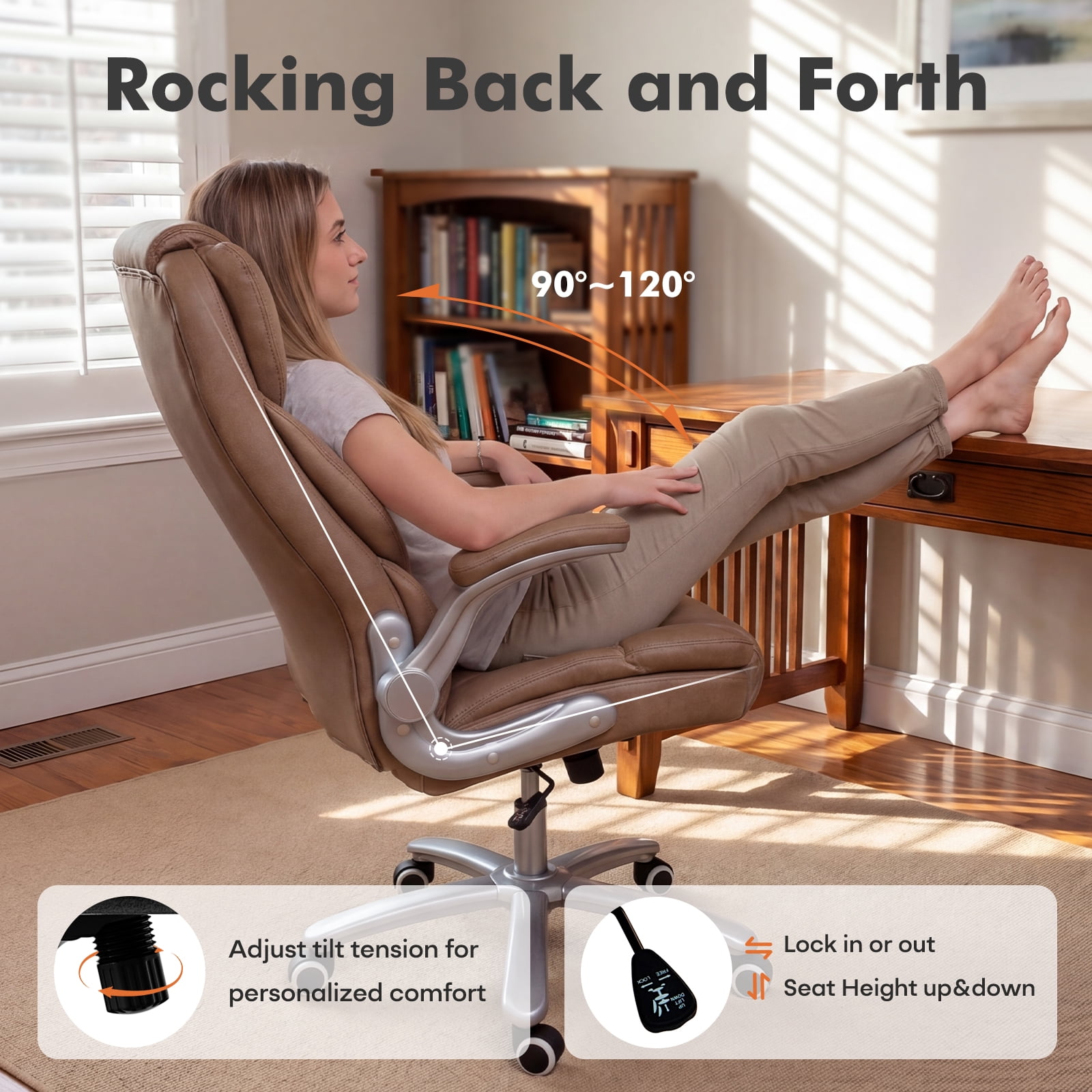 iooHug Big and Tall Office Chair 400lbs, Ergonomic Desk Chair with Lumbar Support, Flip-Up Arms, Faux Leather High Back Computer Chair for Home Office, Brown