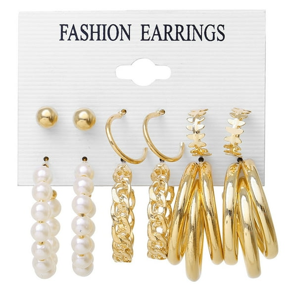 Pearl Earrings Retro Metal Circle Ladies Jewelry Geometric Pearl Earrings 6-Piece Set