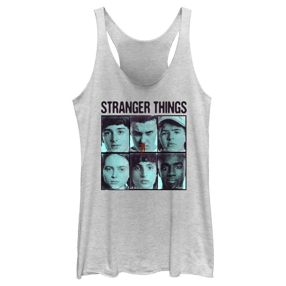 Netflix Women's Stranger Things Gang Bleeding Nose Stacked Racerback Tank Top White Heather X Small