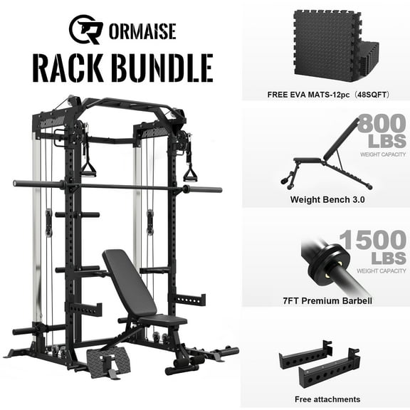 Power Rack Cage, Weight Rack with Dual Pulley Cable Crossover Machine,Multi-Function Squat Rack with J Hooks,Dip Bars and Landmine for Home Gym (Black)