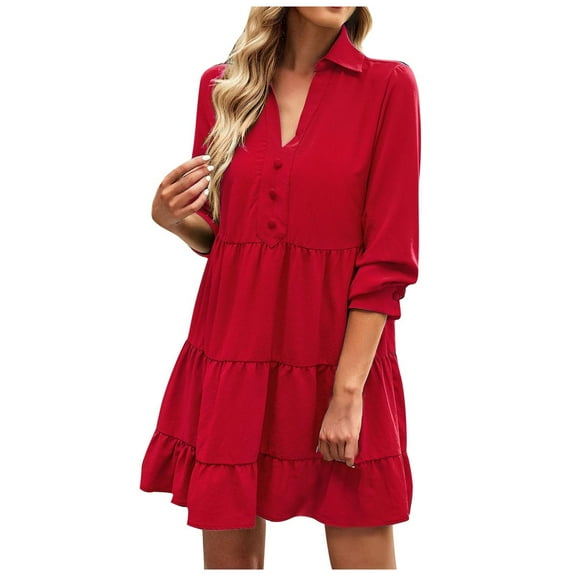 Long Sleeve Dress for Women V Neck Button Lapel Short Dress Solid Ruffle Tiered Babydoll Mini Dress Casual Fall Dress