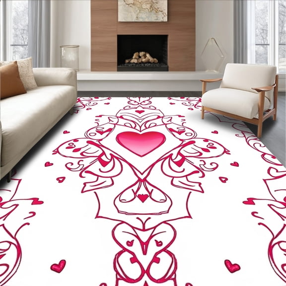 ODIKA 4'x6' Machine Washable Non-Slip Area Rug, Romantic Hearts Festival Tree Skirt Elegant Celebration High Traffic Rug, Pink, 741044