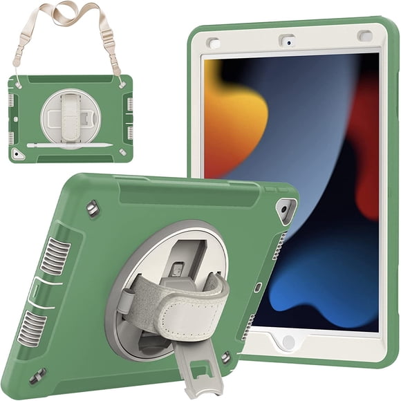 Case for iPad 10.2 Inch 7th / 8th / 9th Gen (2021/2020/2019) Protective, Dual Layer Full Body Tough Rugged Case with 360° Rotatable Kickstand, Hand/Shoulder Strap